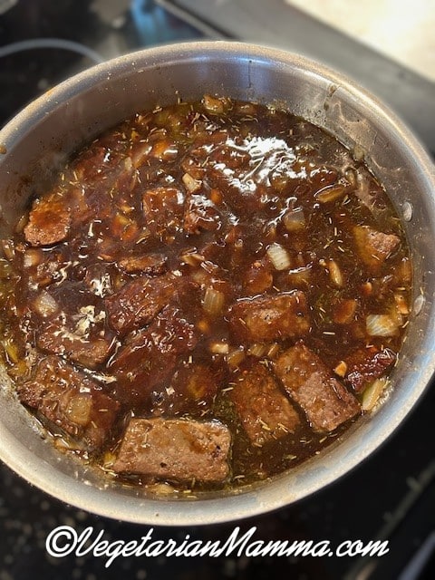 Impossible beef stroganoff mixture with most of the ingredients for the sauce.