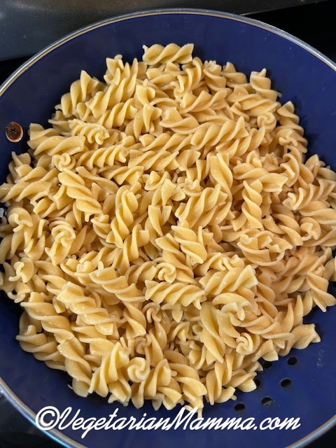 chickpea fusilli pasta in a strainer