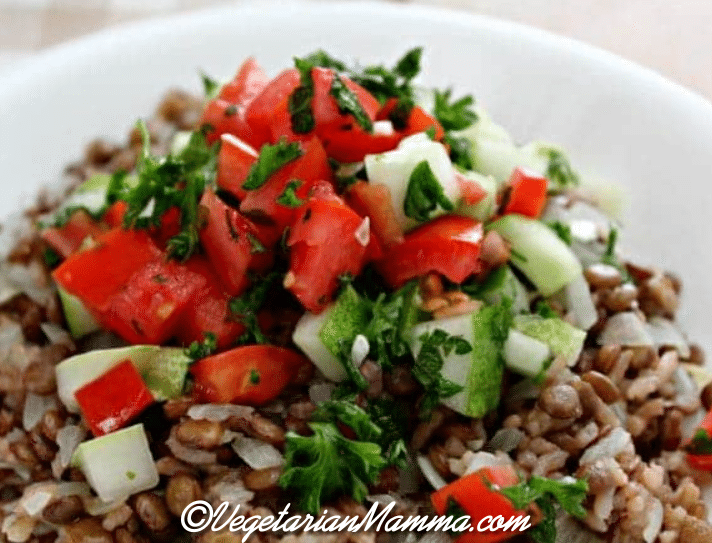 Mujadara lentils and rice meal in a white bowl.