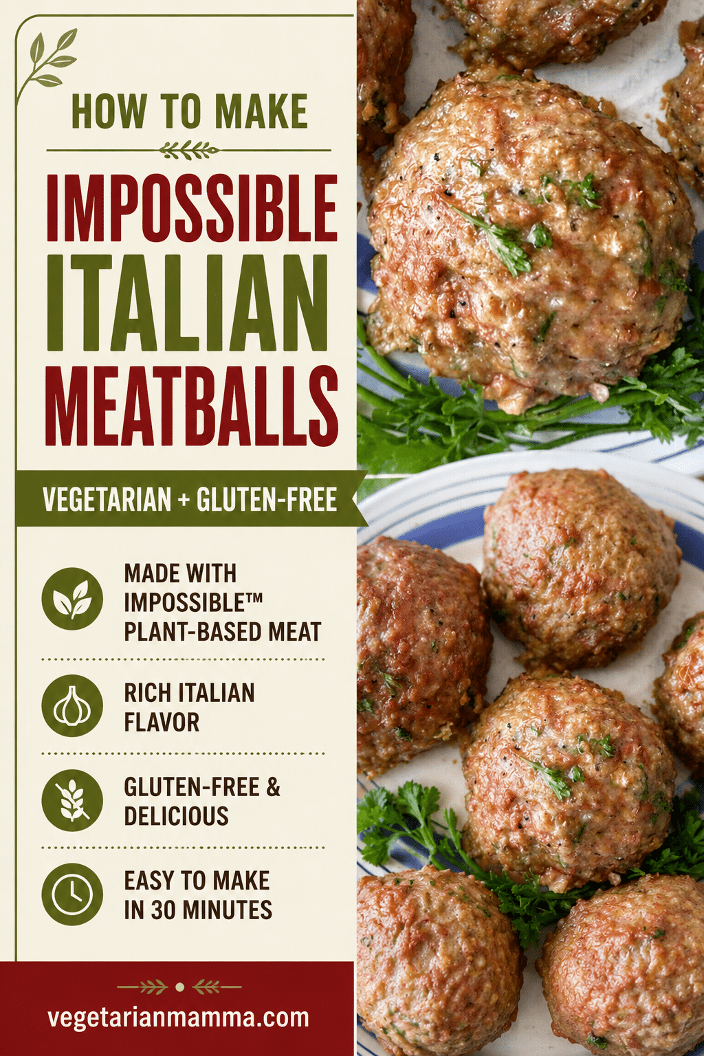 Learn how to make Impossible Italian Meatballs that are hearty, tender, vegetarian, and gluten-free. This easy recipe uses Impossible plant-based meat, Italian sausage, fresh parsley, oregano, garlic, Parmesan, and gluten-free bread for rich old-country flavor in every bite. via @vegetarian mamma