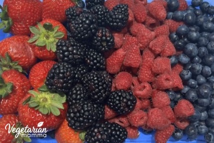 A close up of the berries: strawberry, blackberry, raspberry, blueberry.